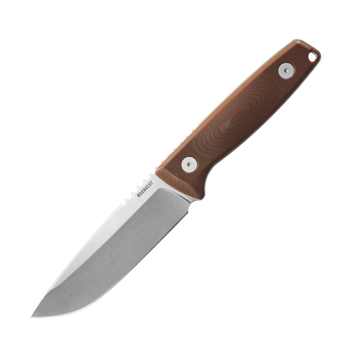 Translation missing: fr.Leatherman Trac Earth Brown fixed-blade knife with a drop point stainless steel blade and contoured brown handle, shown in full profile on a white background