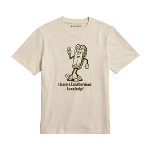 Translation missing: es.Natural gold tee shirt with the Mr. Wave logo displaying a character based on the Wave with the slogan &#39;I have a Leatherman, I can help!&quot;