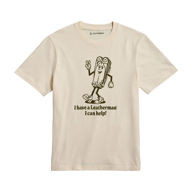 Translation missing: es.Natural gold tee shirt with the Mr. Wave logo displaying a character based on the Wave with the slogan &#39;I have a Leatherman, I can help!&quot;