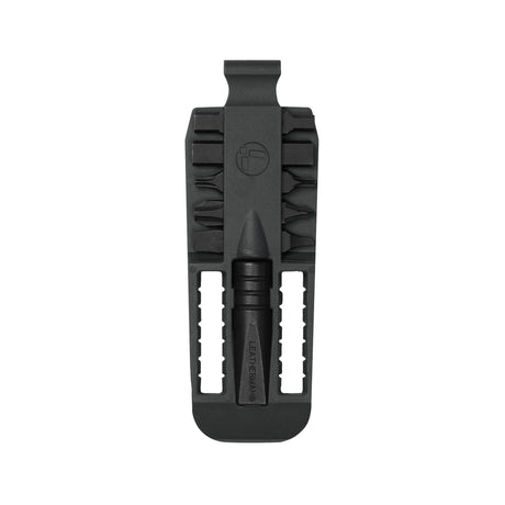 Translation missing: es.A black Leatherman Removable Bit Driver with an assortment of double-ended bits neatly organized in a compact holder. The bits are arranged in two vertical rows, with the driver centered at the bottom. The Leatherman logo is embossed above the driver