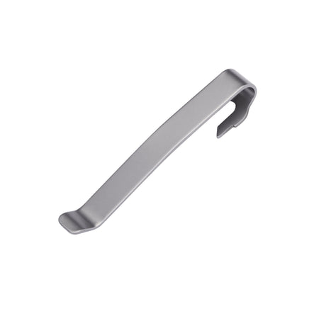 Translation missing: en.Front side of the Matte Silver Leatherman Quick-Release Pocket Clip showing the flat engravable surface
