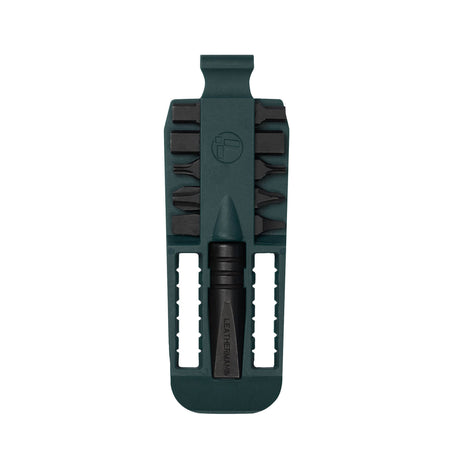 Translation missing: pl.Forest Green Leatherman bit kit holder with multiple interchangeable screwdriver black bits arranged on both sides, and an extender, featuring the Leatherman logo embossed in the center