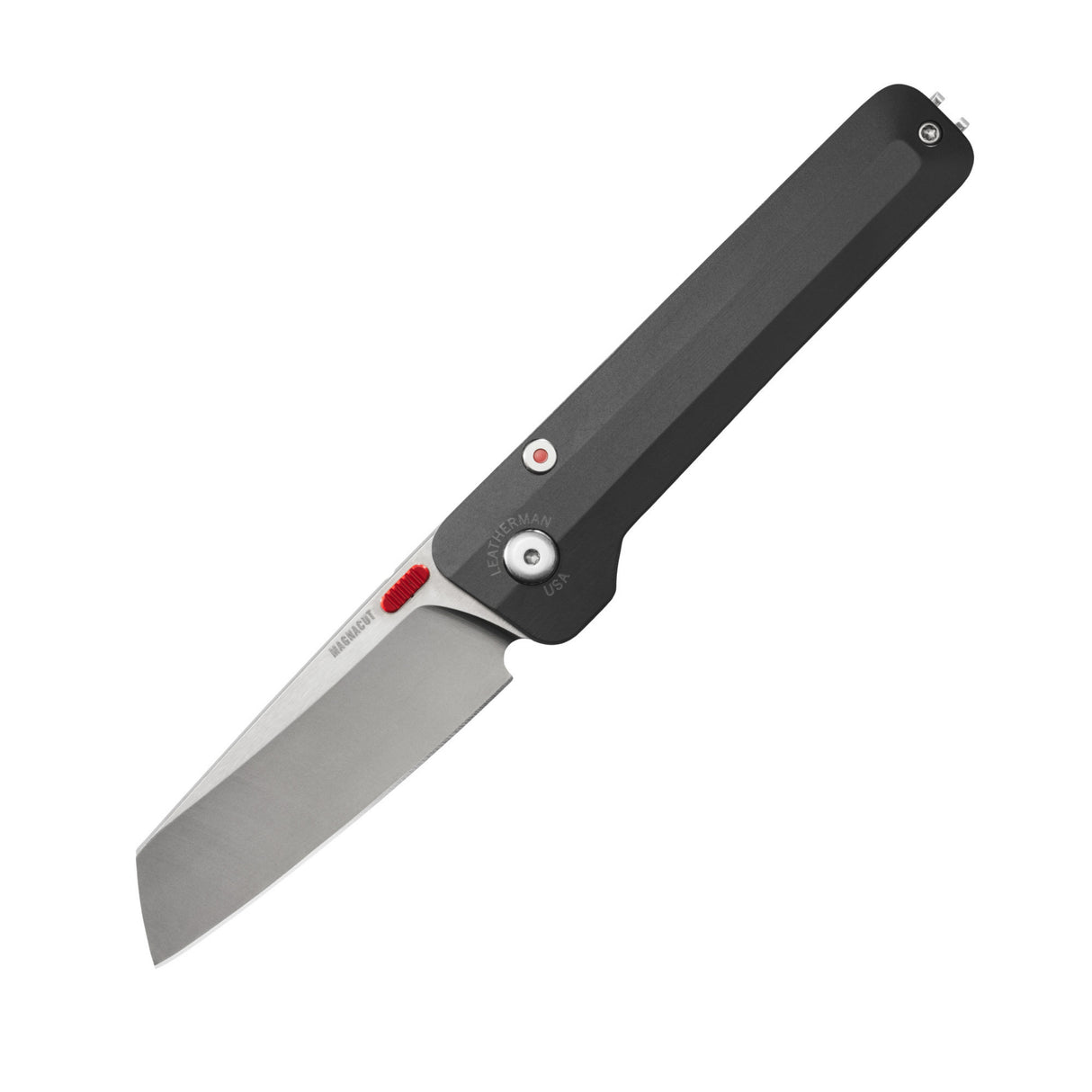 Translation missing: en.Leatherman Glider folding knife with a Jet Black textured handle, stainless steel blade, and red thumb stud, shown open on a white background