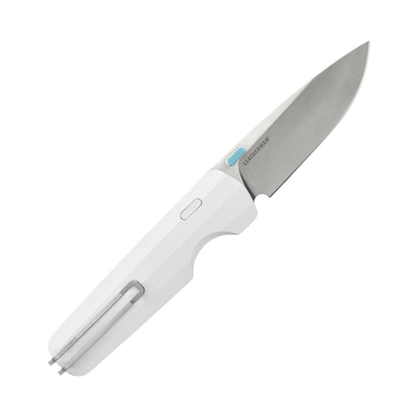 Leatherman Blazer Alpine folding knife with a sleek white handle, stainless steel blade, and deep-carry pocket clip, shown open on a white background.