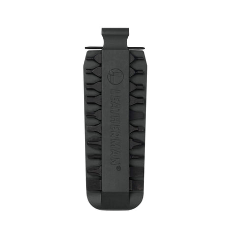 Translation missing: pl.Black Leatherman bit kit holder with multiple interchangeable screwdriver bits arranged on both sides, featuring the Leatherman logo embossed in the center