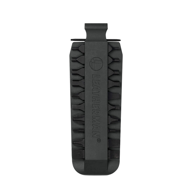 Translation missing: pl.Black Leatherman bit kit holder with multiple interchangeable screwdriver bits arranged on both sides, featuring the Leatherman logo embossed in the center