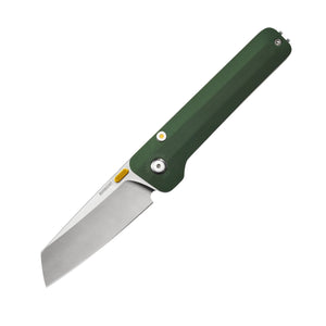 Translation missing: es.Leatherman Glider folding knife with Okra textured handle, stainless steel blade, and yellow thumb stud, shown open on a white background