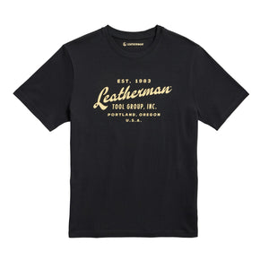 Translation missing: de.Front of the black Leatherman Vintage tee showcasing &#39;Leatherman&#39; in a cursive font. Established 1983 in Portland, Oregon USA
