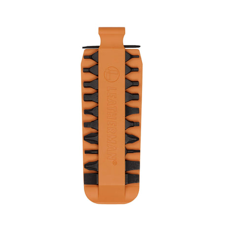 Translation missing: pl.Orange Leatherman bit kit holder with multiple interchangeable screwdriver bits arranged on both sides, featuring the Leatherman logo embossed in the center