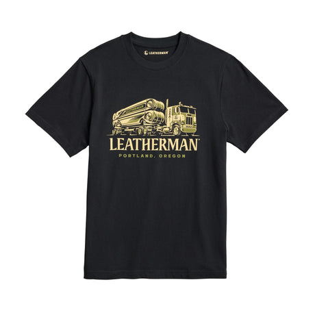 Translation missing: es.Black Leatherman Timber Tee depicting a timber truck hauling a massive Leatherman multitool on the trailer