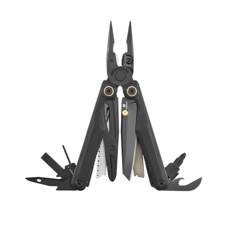 Translation missing: de.Leatherman Wave® Alpha Obsidian multi-tool fully opened, featuring pliers, knife, saw, file, and bit driver extended