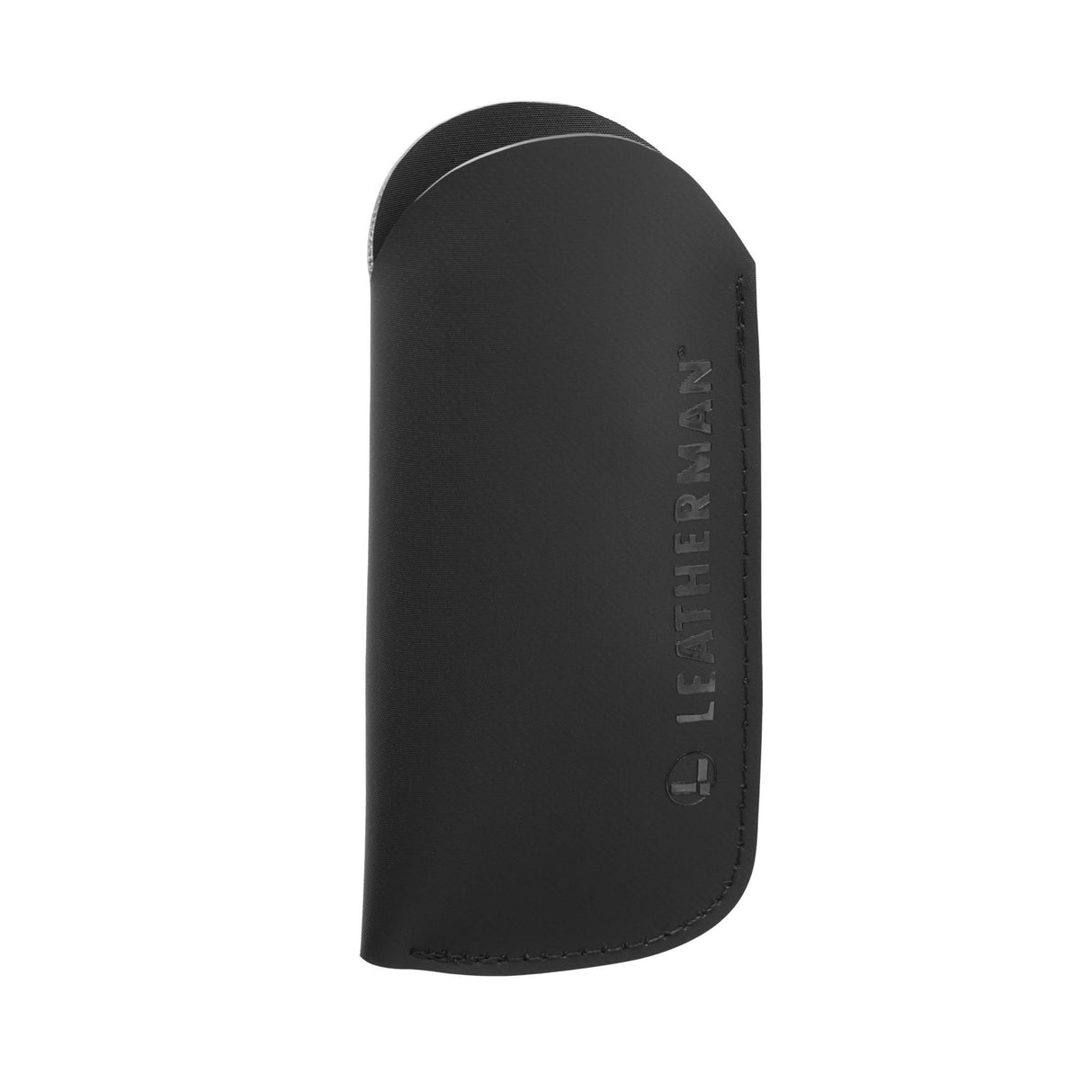 Translation missing: es.A sleek black Leatherman tool sleeve made of durable Hypalon material, featuring an embossed &quot;LEATHERMAN&quot; logo and rounded stitching detail along the edge