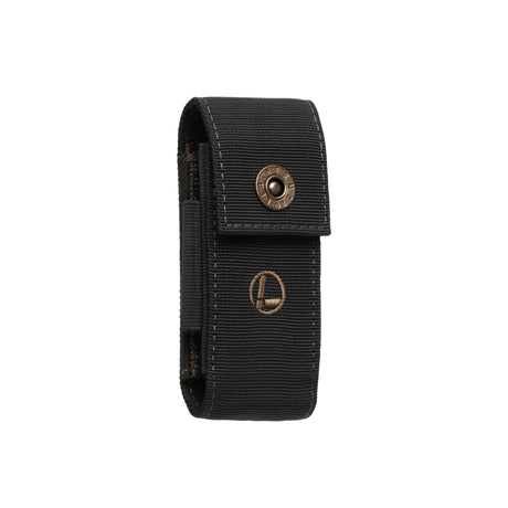 Translation missing: de.Leatherman black and bronze nylon sheath with pockets showcasing the secure snap closure and Leatherman logo
