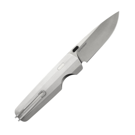 Leatherman Blazer Stainless Steel folding knife with a sleek brushed metal handle, deep-carry pocket clip, and stainless steel drop point blade, shown open on a white background.