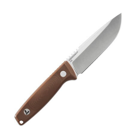 Leatherman Trac Earth Brown fixed-blade knife with a stainless steel drop point blade and brown textured handle featuring the Leatherman logo, displayed on a white background.