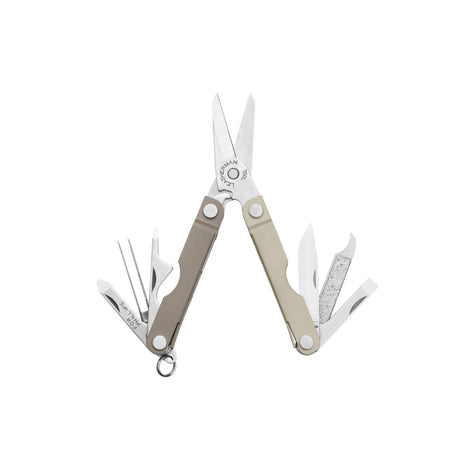 Translation missing: nl.Leatherman Micra multi-tool in Winter Fog color shown open, featuring stainless steel tools and dual-tone muted grey and beige handles