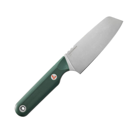 Leatherman Rustle Evergreen knife with a green handle and drop-point stainless steel blade, displayed on a white background.