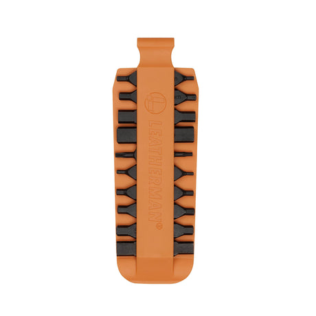 Translation missing: pl.Orange Leatherman bit kit holder with multiple interchangeable screwdriver bits arranged on both sides, featuring the Leatherman logo embossed in the center