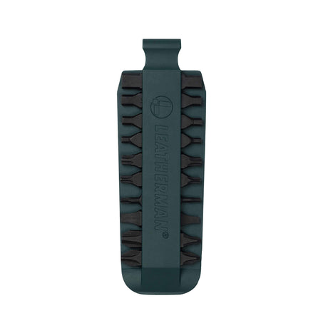 Translation missing: pl.Forest Green Leatherman bit kit holder with multiple interchangeable screwdriver bits arranged on both sides, featuring the Leatherman logo embossed in the center