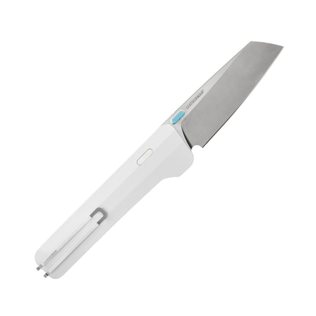 Leatherman Glider folding knife with alpine textured handle, stainless steel blade, and light blue thumb stud, shown open on a white background.