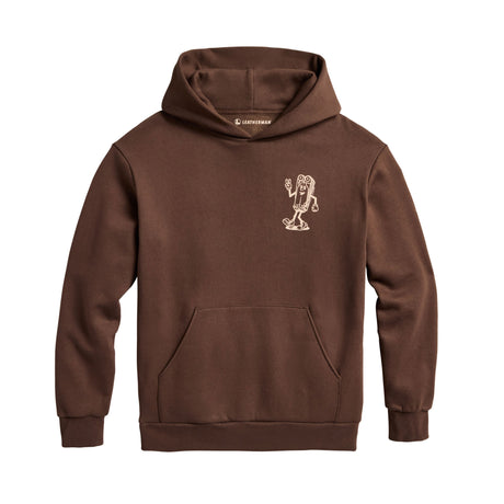 Translation missing: en.Front of the brown Mr Wave pullover hoodie showing a small mascot designed like the leatherman Wave