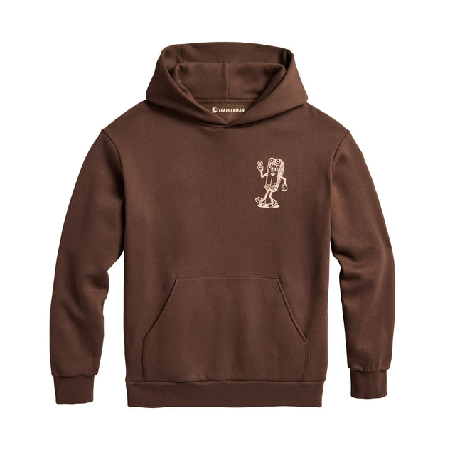 Translation missing: en.Front of the brown Mr Wave pullover hoodie showing a small mascot designed like the leatherman Wave
