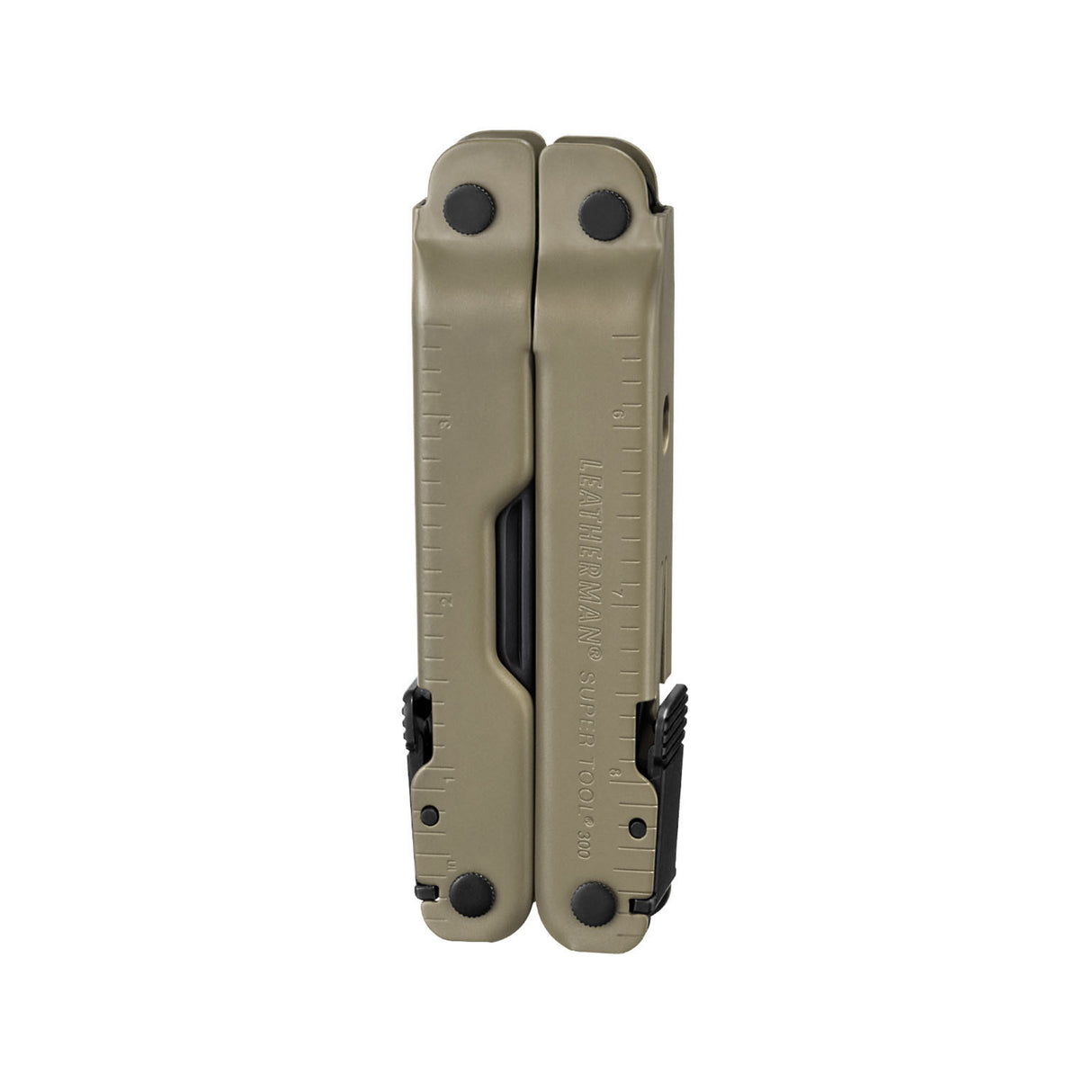 Coyote tan Supertool 300 M closed showing imperial ruler