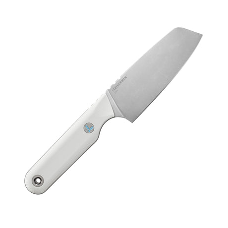 Leatherman Rustle Alpine knife with a stonewashed stainless blade and sleek white handle, positioned at an angle on a white background.