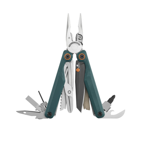 Translation missing: de.Leatherman Wave® Alpha Cascadia multi-tool fully opened with pliers, knife, saw, file, and bit driver extended