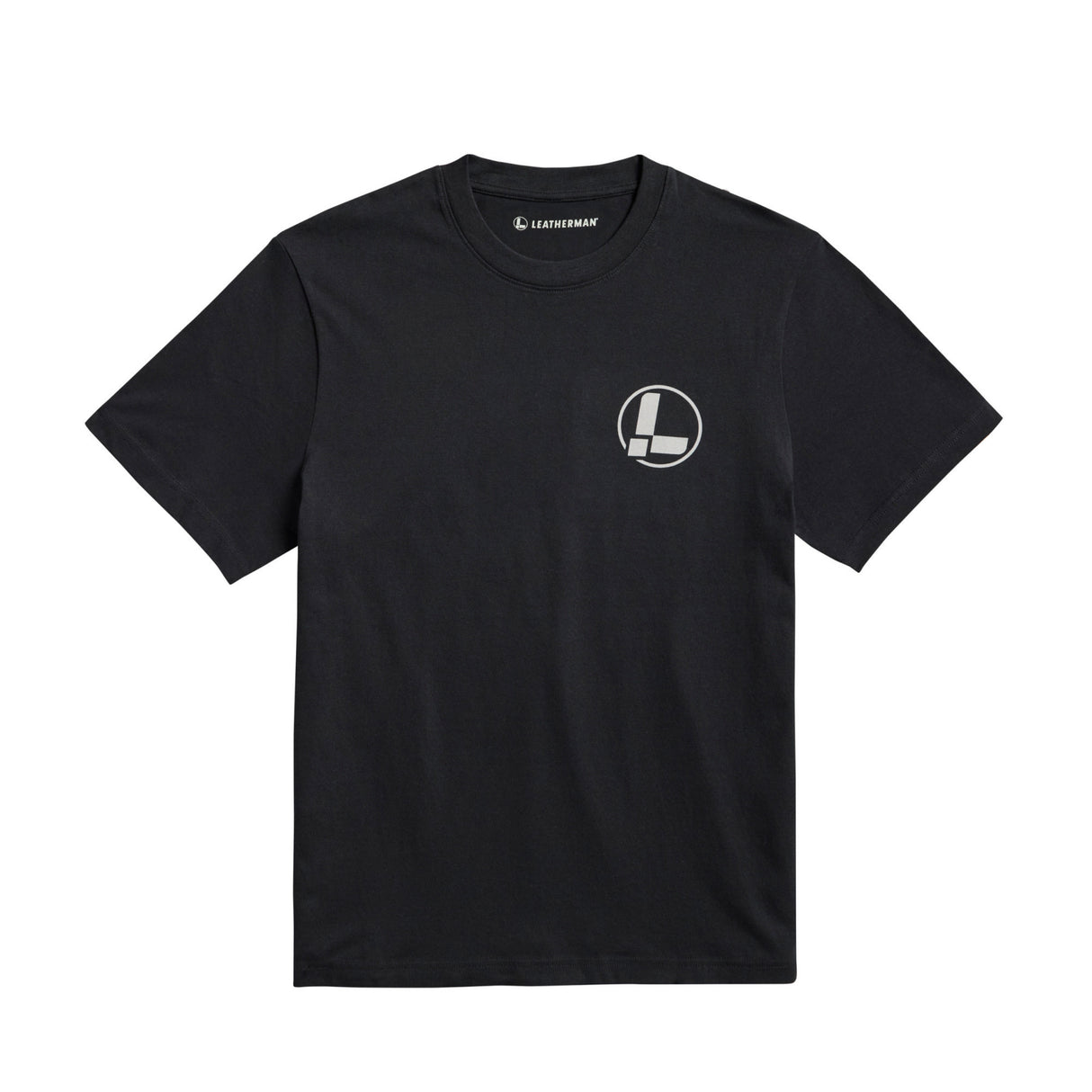 Translation missing: es.Front of the black Leatherman classic logo tee displaying the &#39;L&#39; logo