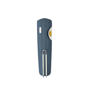 Translation missing: en.Leatherman Blazer Denim folding knife in closed position with a blue textured handle, yellow thumb stud partially visible, and a stainless steel deep-carry pocket clip, shown on a white background