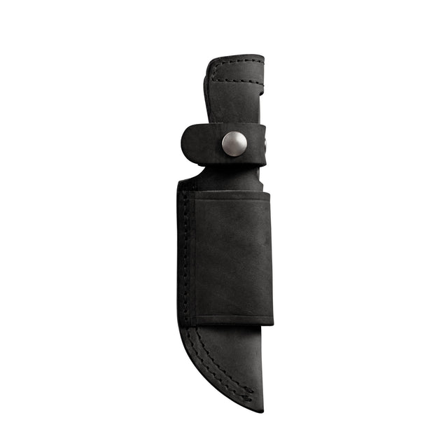 Translation missing: es.Black leather belt sheath with silver snap closures and reinforced stitching, designed to securely hold a fixed-blade knife