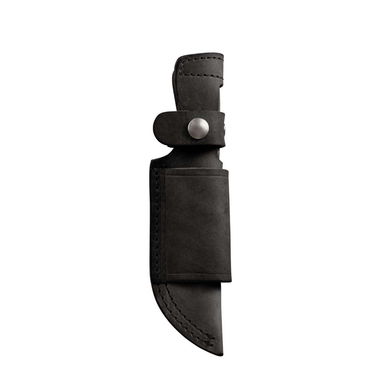 Translation missing: fr.Black leather belt sheath with silver snap closures and reinforced stitching, designed to hold a fixed-blade knife, displayed on a white background