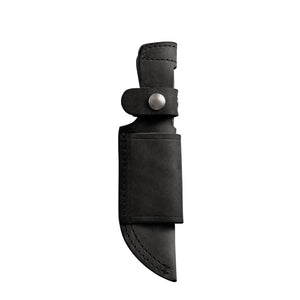 Translation missing: fr.Black leather belt sheath with silver snap closures and reinforced stitching, designed to hold a fixed-blade knife, displayed on a white background