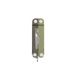 Translation missing: es.Front view of a closed Leatherman Micra multi-tool in Spruce color, showing the embossed branding and visible internal tweezers through the cutout
