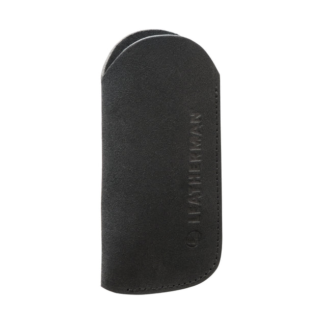 Translation missing: es.A black suede leather tool sleeve featuring an embossed vertical “LEATHERMAN” logo and the company’s circular emblem near the stitched edge, displayed against a white background