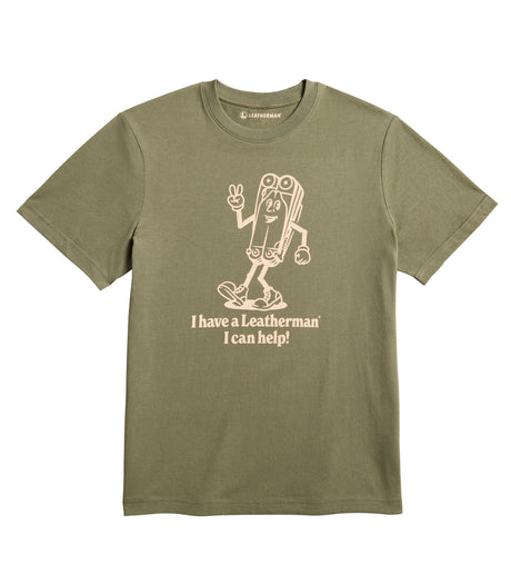 Translation missing: fr.Olive khaki tee shirt with the Mr. Wave logo displaying a character based on the Wave with the slogan 'I have a Leatherman, I can help!"
