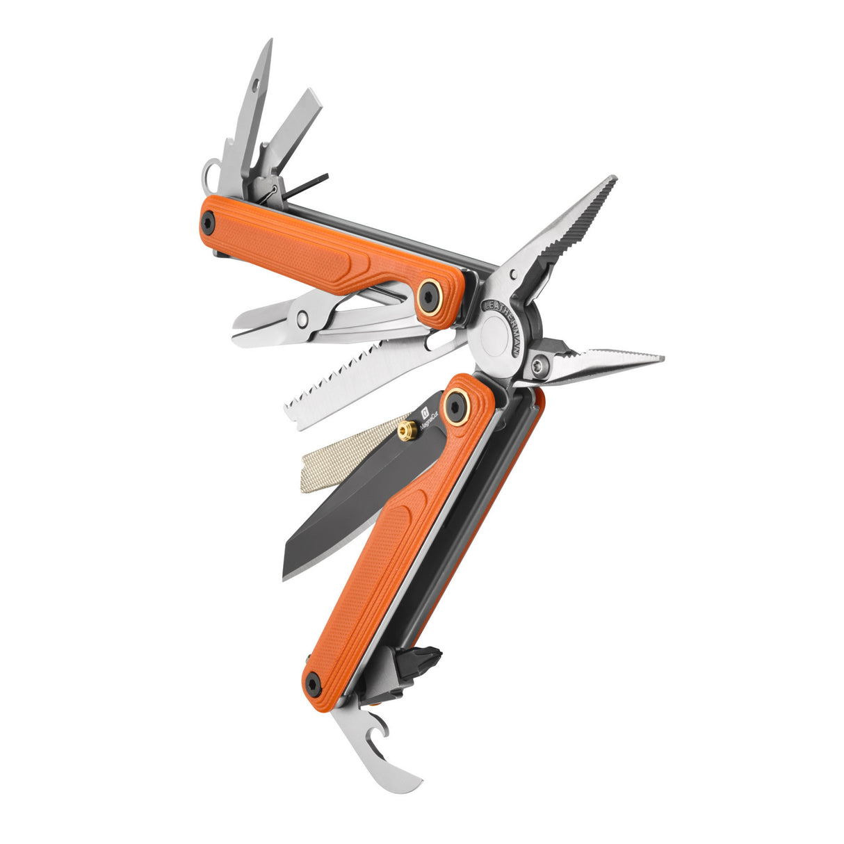 Translation missing: de.Leatherman Wave® Alpha Canyonland multi-tool partially opened with pliers, saw, file, and knife extended