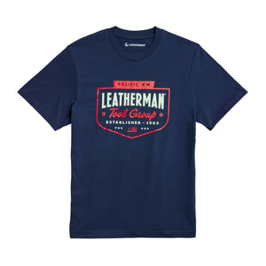 Translation missing: es.Navy Leatherman Pacific Northwest tee with a red emblem logo. Established 1983