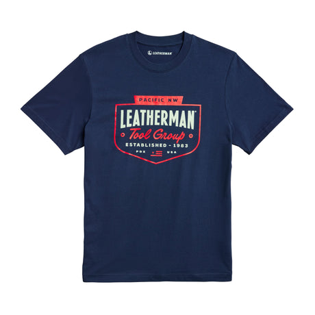 Translation missing: es.Navy Leatherman Pacific Northwest tee with a red emblem logo. Established 1983