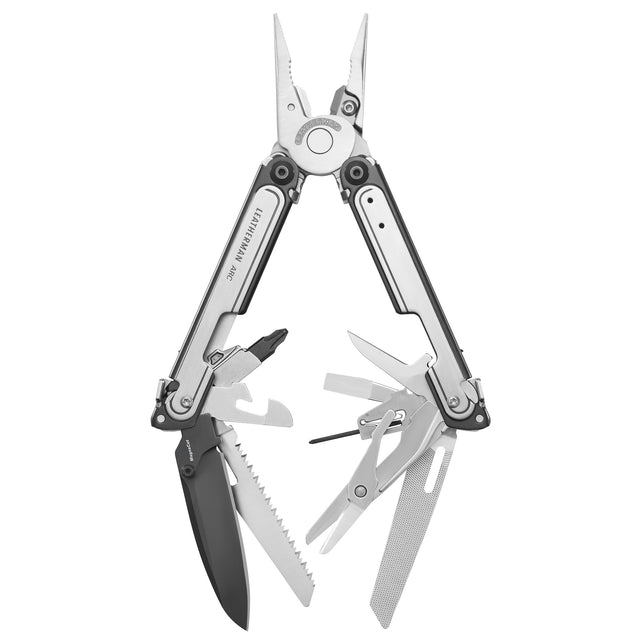 Translation missing: it.Black DLC and stainless steel Leatherman ARC® multi-tool opened showcasing the many tools and features included
