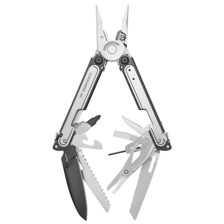 Translation missing: de.Black DLC and stainless steel Leatherman ARC® multi-tool opened showcasing the many tools and features included