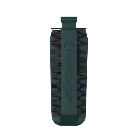 Translation missing: en.Forest Green Leatherman bit kit holder with multiple interchangeable screwdriver bits arranged on both sides, featuring the Leatherman logo embossed in the center