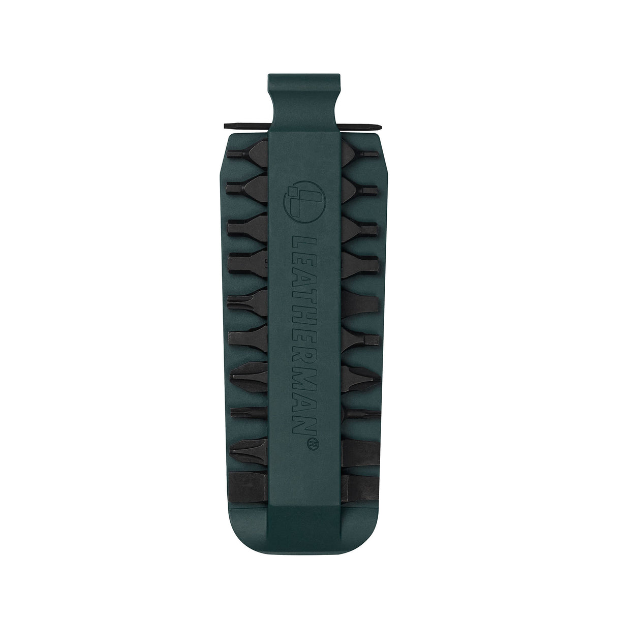 Translation missing: en.Forest Green Leatherman bit kit holder with multiple interchangeable screwdriver bits arranged on both sides, featuring the Leatherman logo embossed in the center