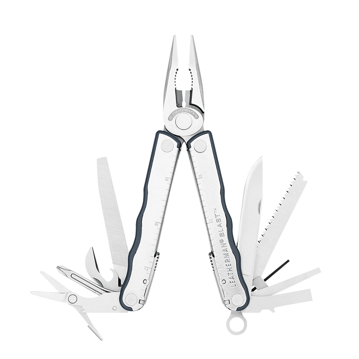 Translation missing: en.Opened stainless steel Leatherman Blast displayed on white background