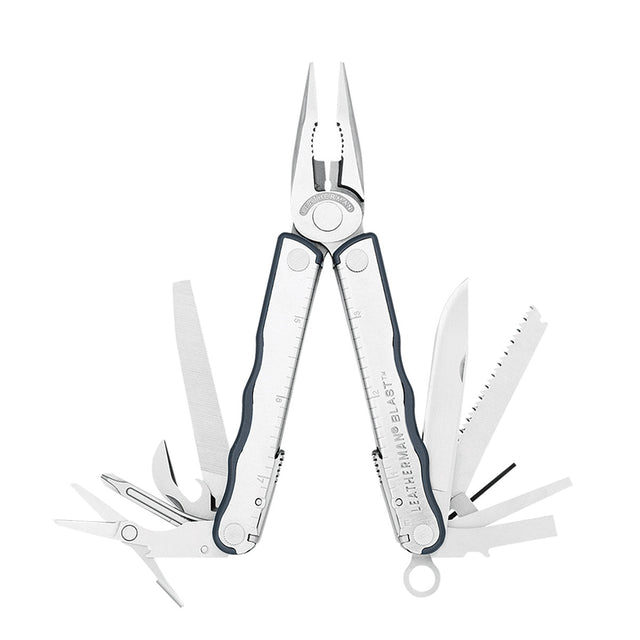 Translation missing: en.Opened stainless steel Leatherman Blast displayed on white background