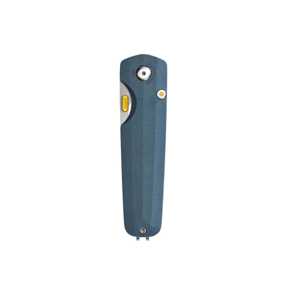 Translation missing: en.Leatherman Blazer Denim folding knife in closed position with blue textured handle, visible yellow thumb slider, and a pivot screw displayed on a white background