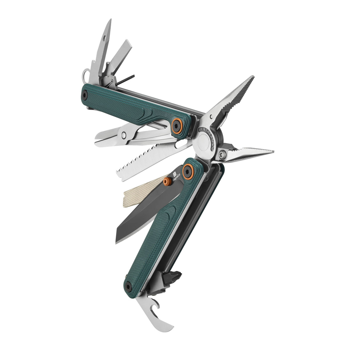 Translation missing: en.Cascadia Leatherman Wave® Alpha multi-tool beauty image showing the various tools and features