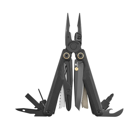 Translation missing: es.Obsidian Leatherman Wave® Alpha multi-tool opened showcasing the many tools and features included