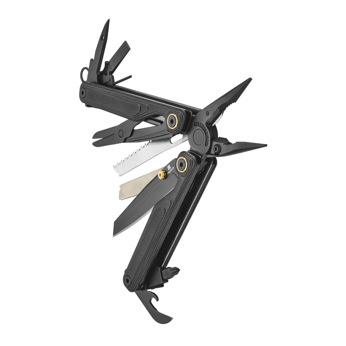 Translation missing: es.Obsidian Leatherman Wave® Alpha multi-tool beauty image showing the various tools and features